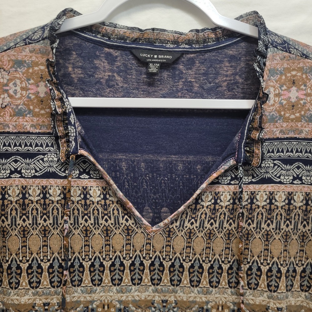 Lucky Brand Womens XL Mixed Border Print Boho Ruffle Tie Neck 3/4 Sleeve Blouse - Picture 6 of 11